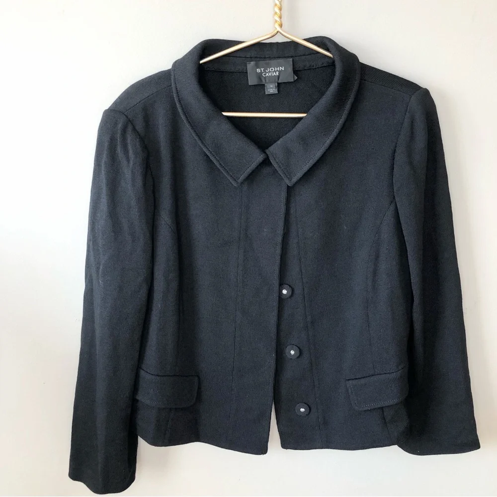 ST JOHN CAVIAR Black Santana Knit Boxy Short Blazer size 16 - Picture 2 of 11